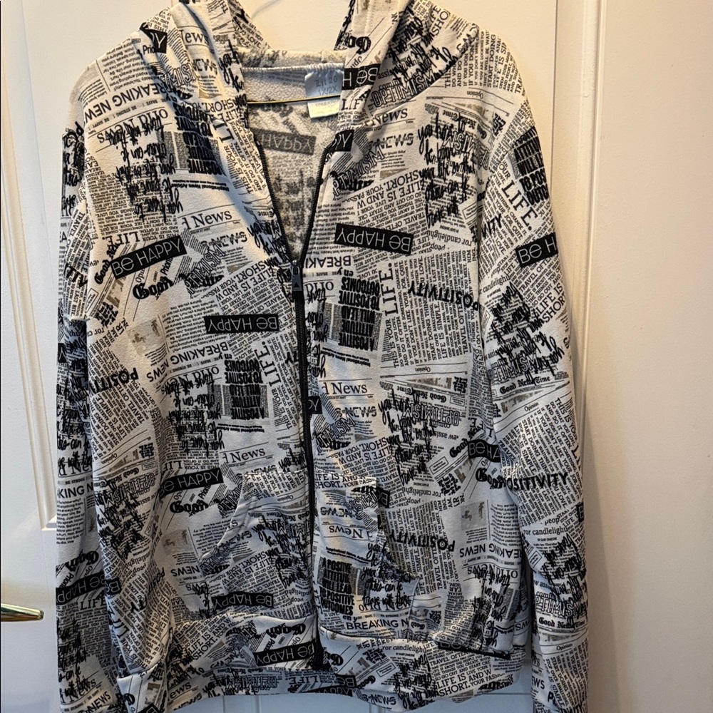 Lightweight Newspaper Print Zip Hoodie Jacket - Gray/Black